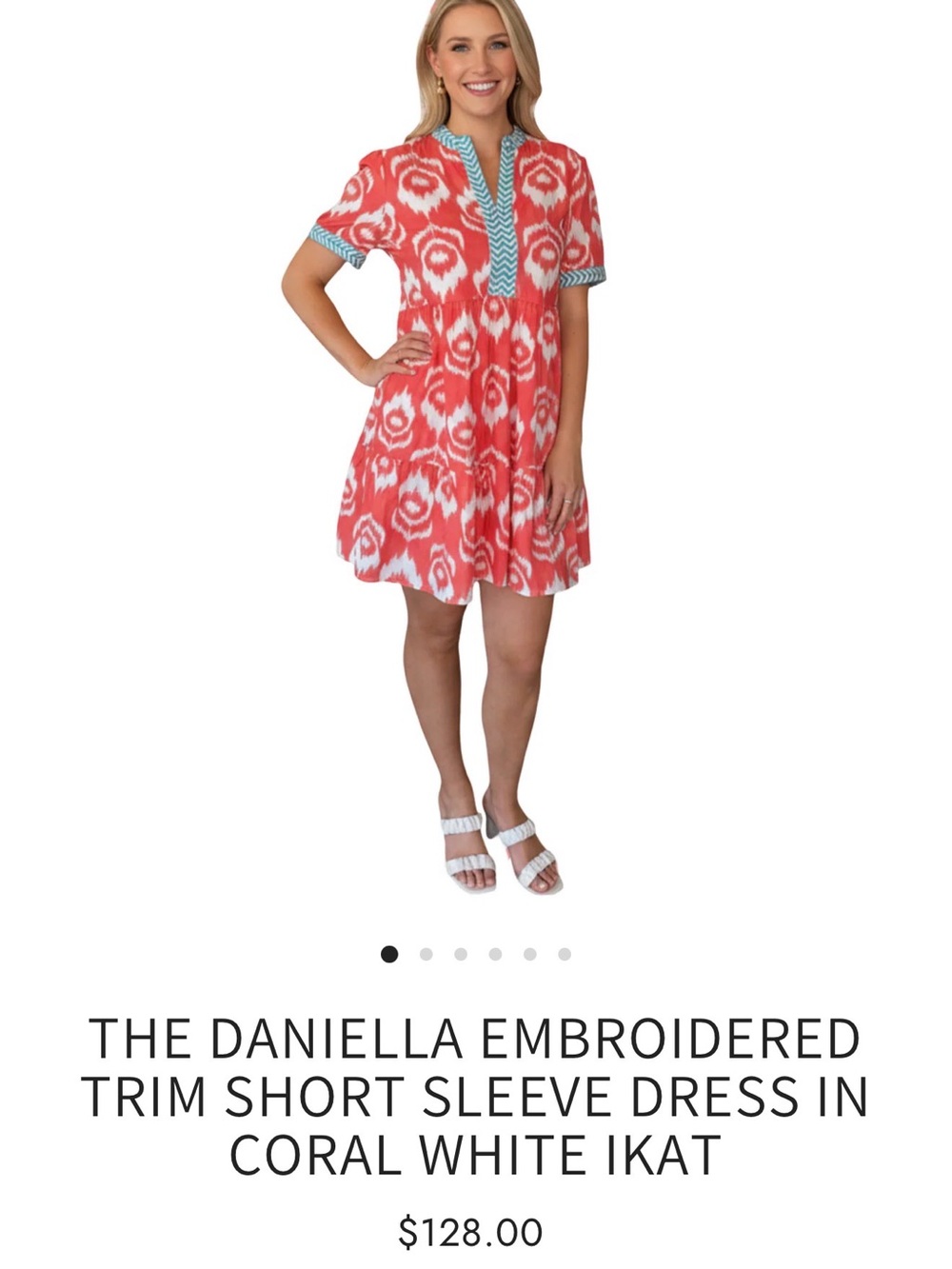Liza Byrd Coral and White Ikat Short Sleeve Dress with Aqua Trim